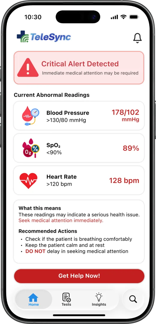Critical alert screen with recommended actions