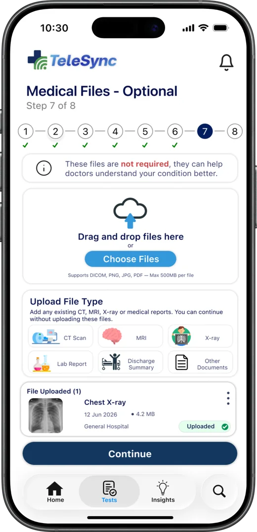 Optional medical files upload screen