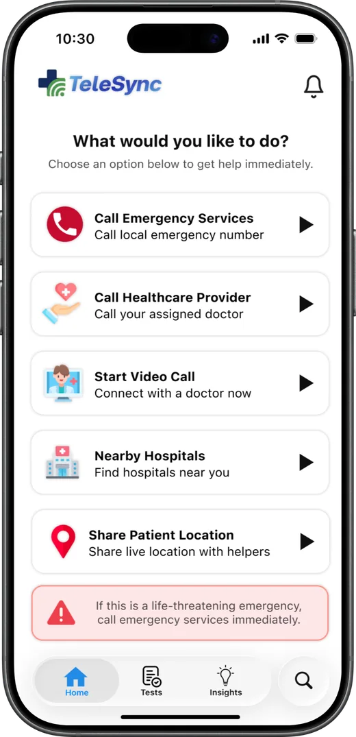 Help options: call emergency services, call healthcare provider, start video call