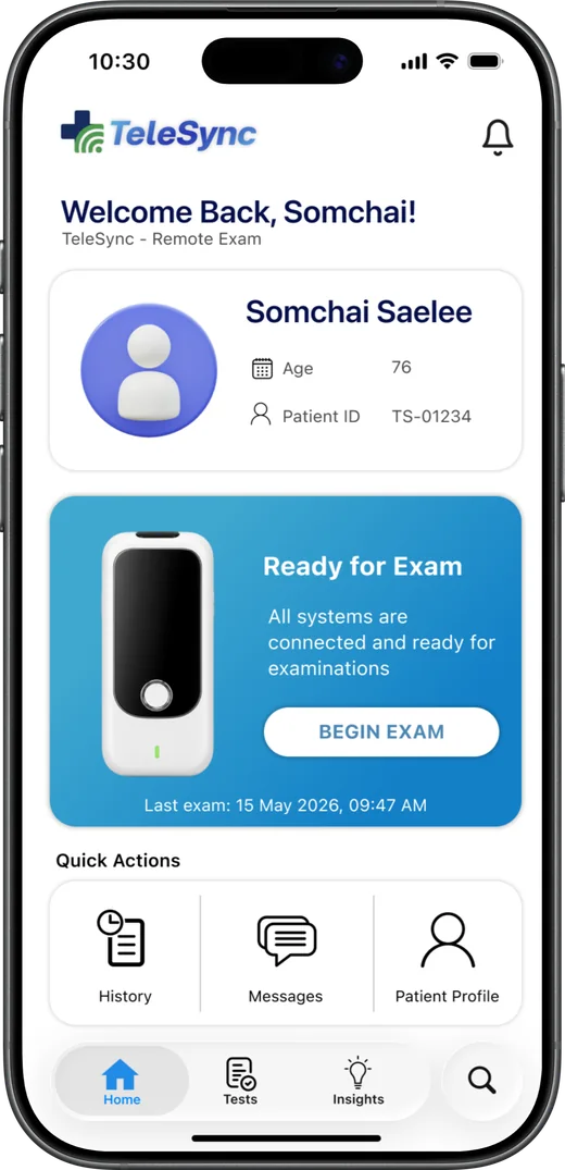 TeleSync mobile app home screen, ready to begin an examination