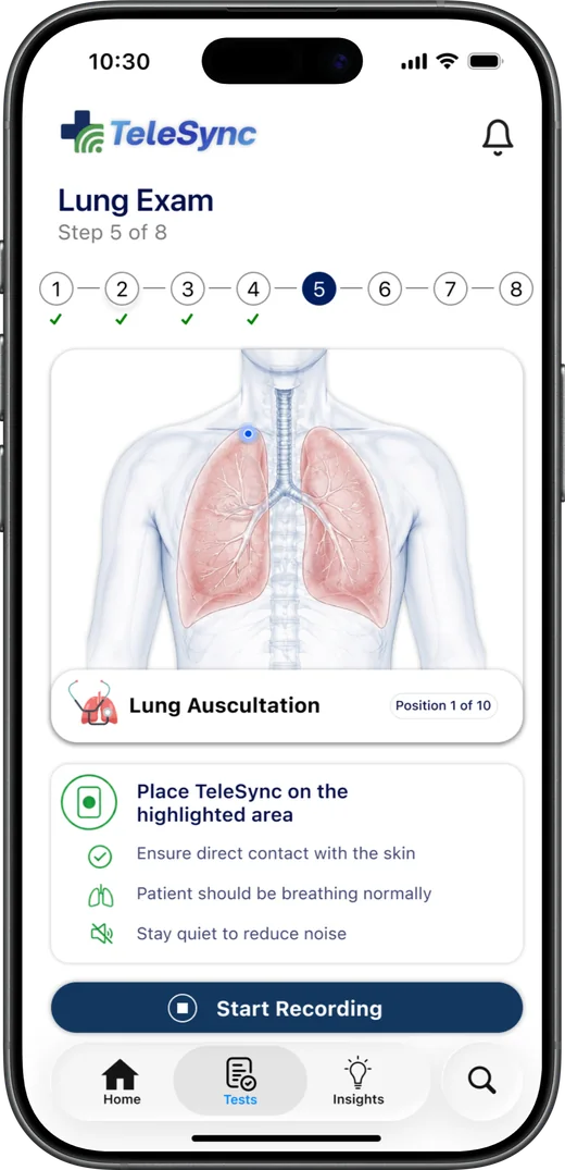 Lung exam screen showing placement on the chest