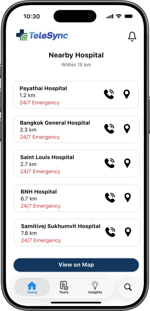 List of nearby hospitals with distance