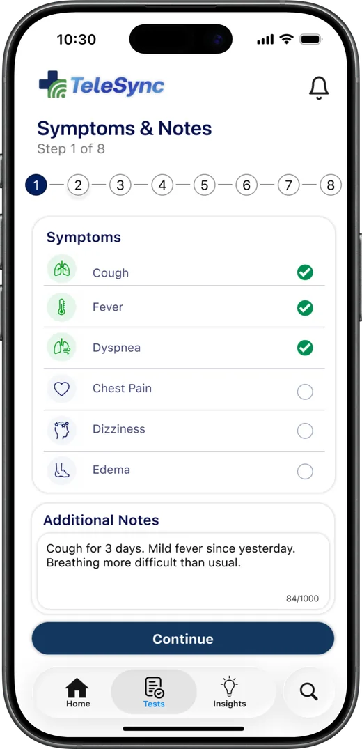 Symptoms and notes screen