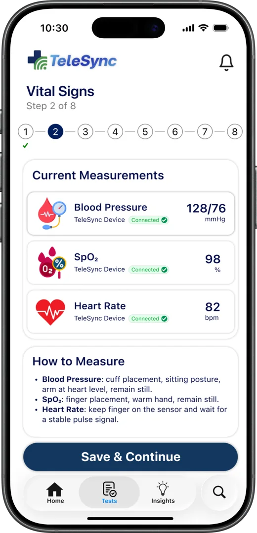 Vital signs screen with blood pressure, SpO₂ and heart rate