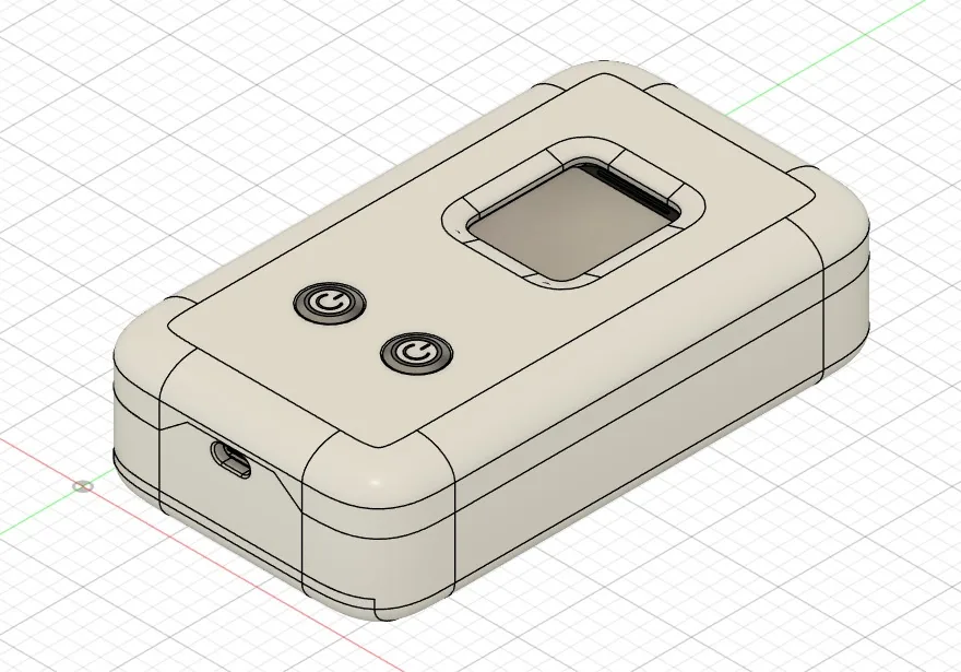 CAD outline of the device front with screen and two buttons