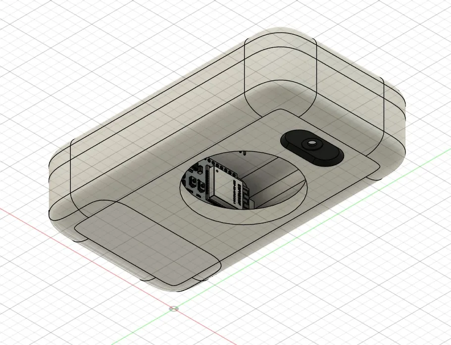 CAD view of the device underside showing the internal board