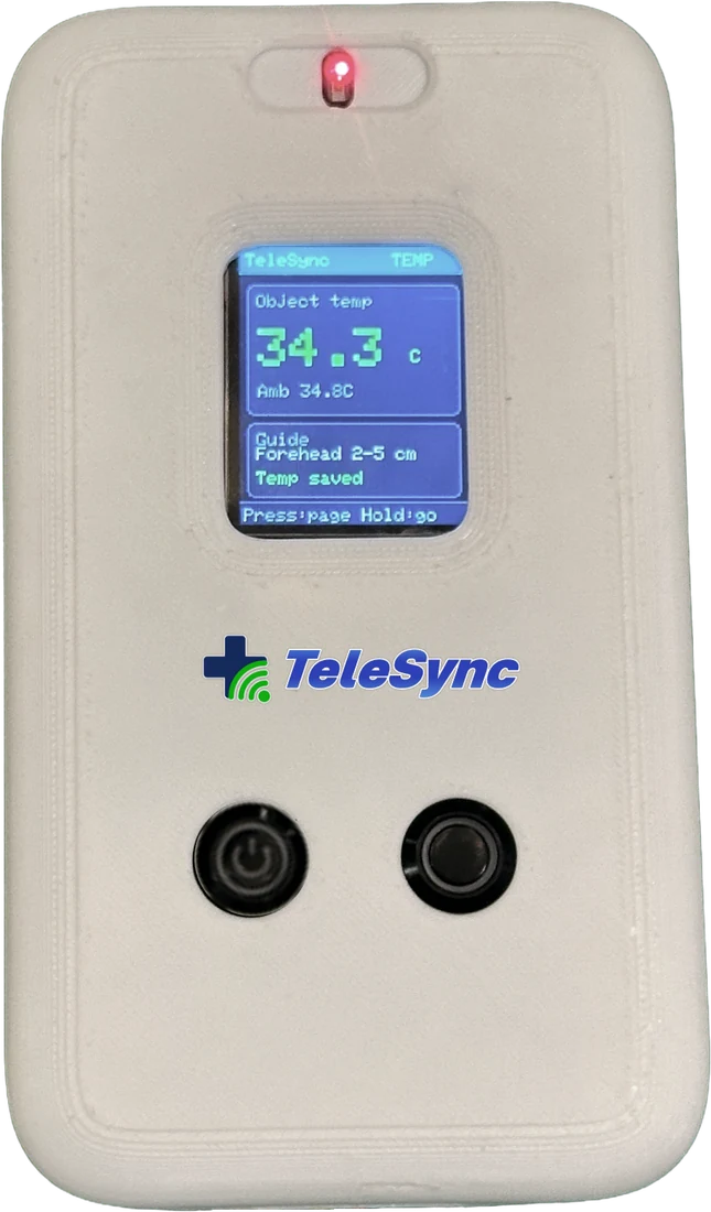 The TeleSync examination device showing a temperature reading on its screen